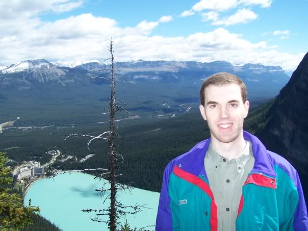 Jeff looking down on Lake Louise and the Fairmont Hotel