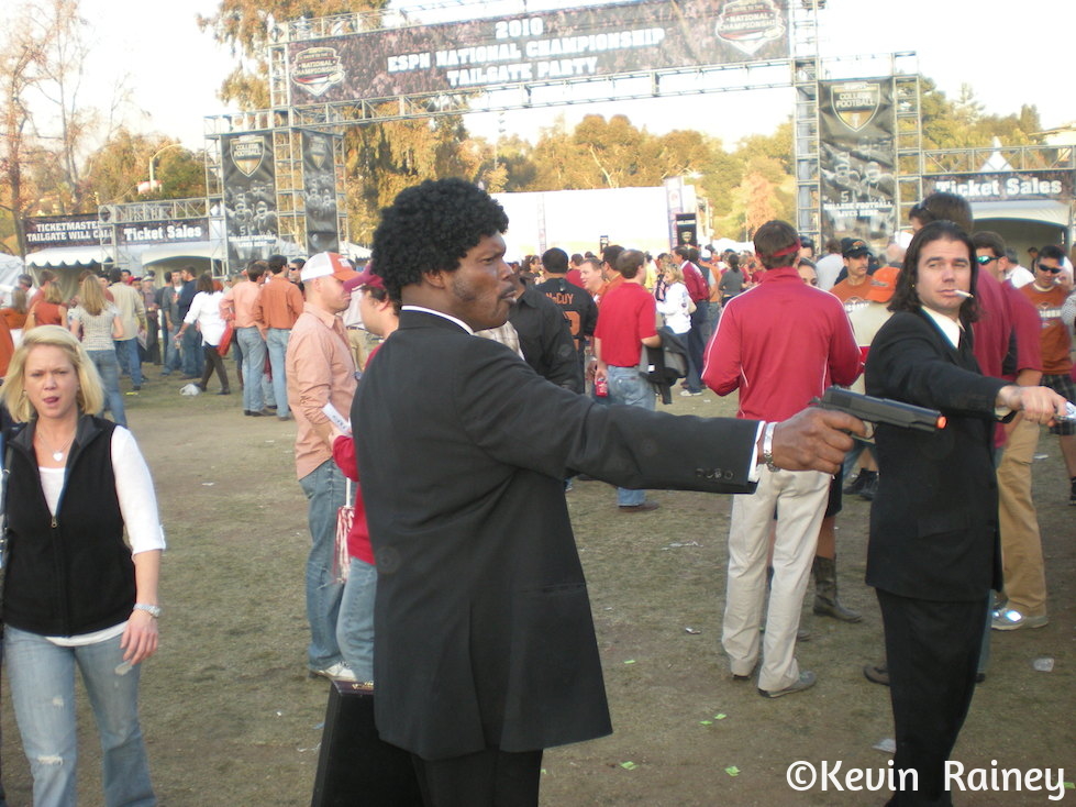A little Pulp Fiction going on outside the Rose Bowl with Samuel L. Jackson and John Travolta look alikes