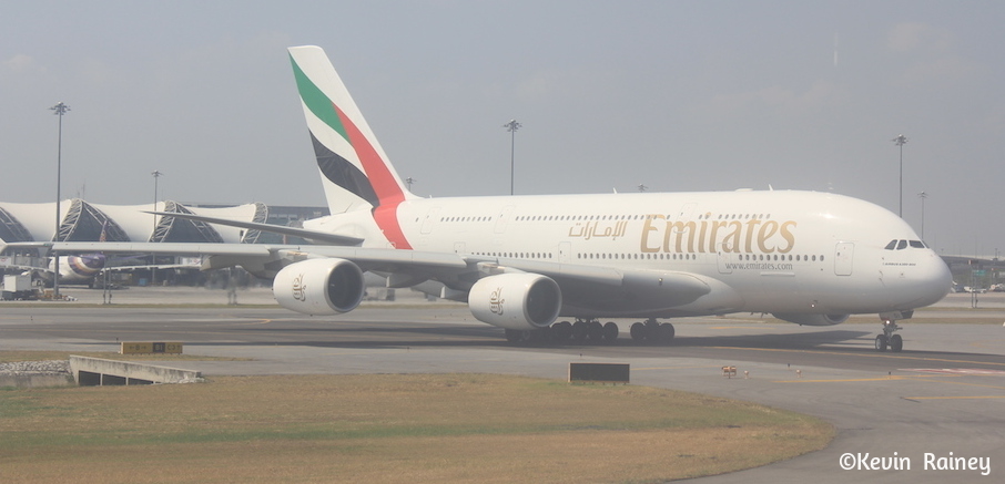 Some of the largest planes in the world land in Bangkok, like this Emirates Airbus A380-800.